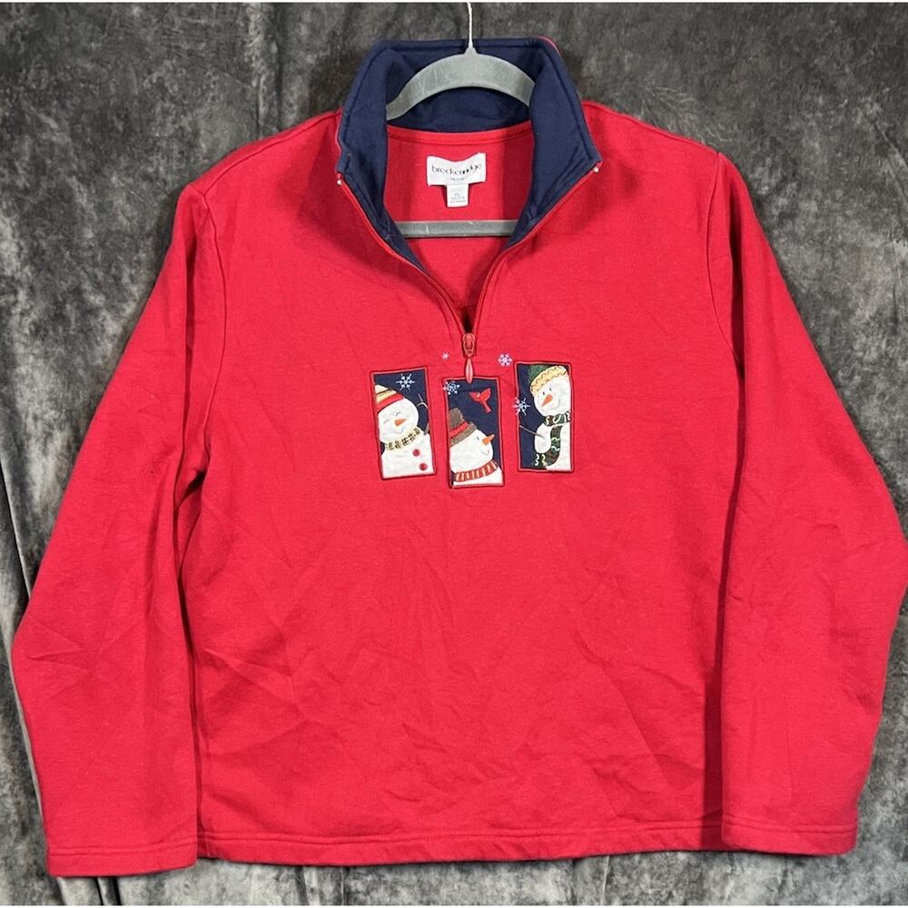 Breckenridge Snowman Quarter Zip Fleece Pullover Size PL Red Holiday Sweater